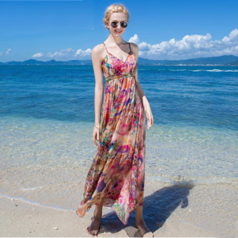 Women 100 Silk dress Beach dress 100% Natural Silk Pink Print dress Strapless Holiday summer dresses